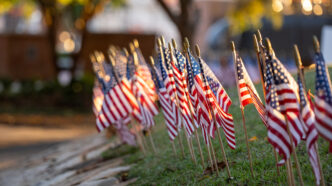Small American flags are planted in the grass on the Scroll of Honor.