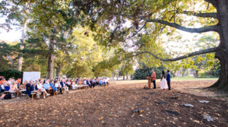 President Clements and Legacy Day Co-Chairs greet the crowd gathered at the Second Century Oak for the Fort Hill Legacy Society Bronze Leaf Dedication