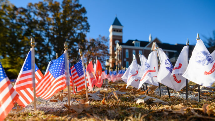 United States of America and Army flags adorn Bowman Field on Clemson University's main campus