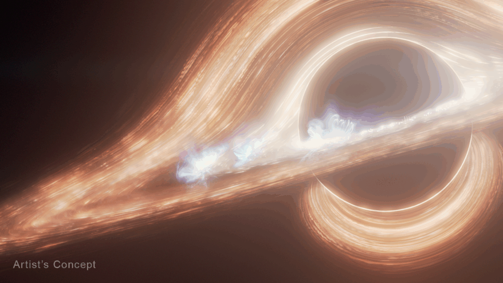 an artists illustration that shows the supermassive black hole at the center of the Milky Way galaxy, known as Sagittarius A* (A-star). It shows bright warm light against a black background.