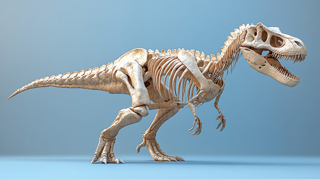 Realistic dinosaur skeleton model displayed against a blue background, showcasing detailed anatomy