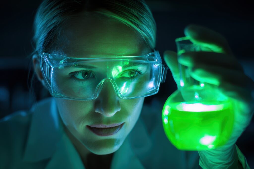Scientist Analyzing Glowing Green Liquid in Laboratory Experiment at Night