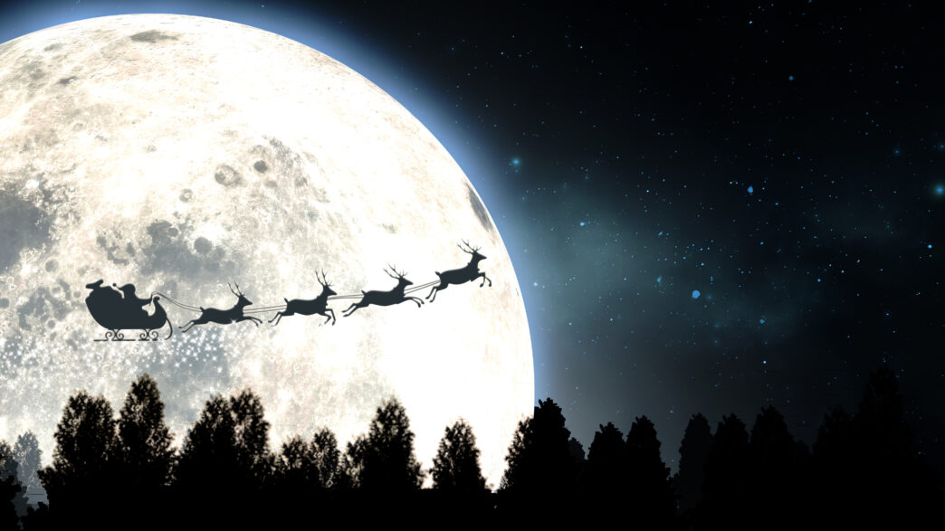 Santas sleigh silhouetted against the backdrop of a full moon and night sky flying above a forest of pine trees - 3D render