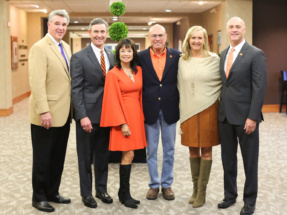 Pictured with the Glenns are Athletic Director Dan Radakovich (left); Smyth McKissick, chairman of the board of trustees; Candice Glenn; Gerald Glenn; Beth Clements; and President James P. Clements.