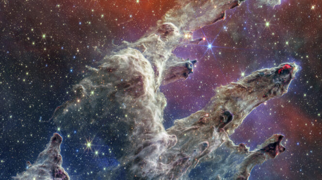 A illustration of thousands of stars that show up in near-infrared light and all the dust that pops out in mid-infrared light.