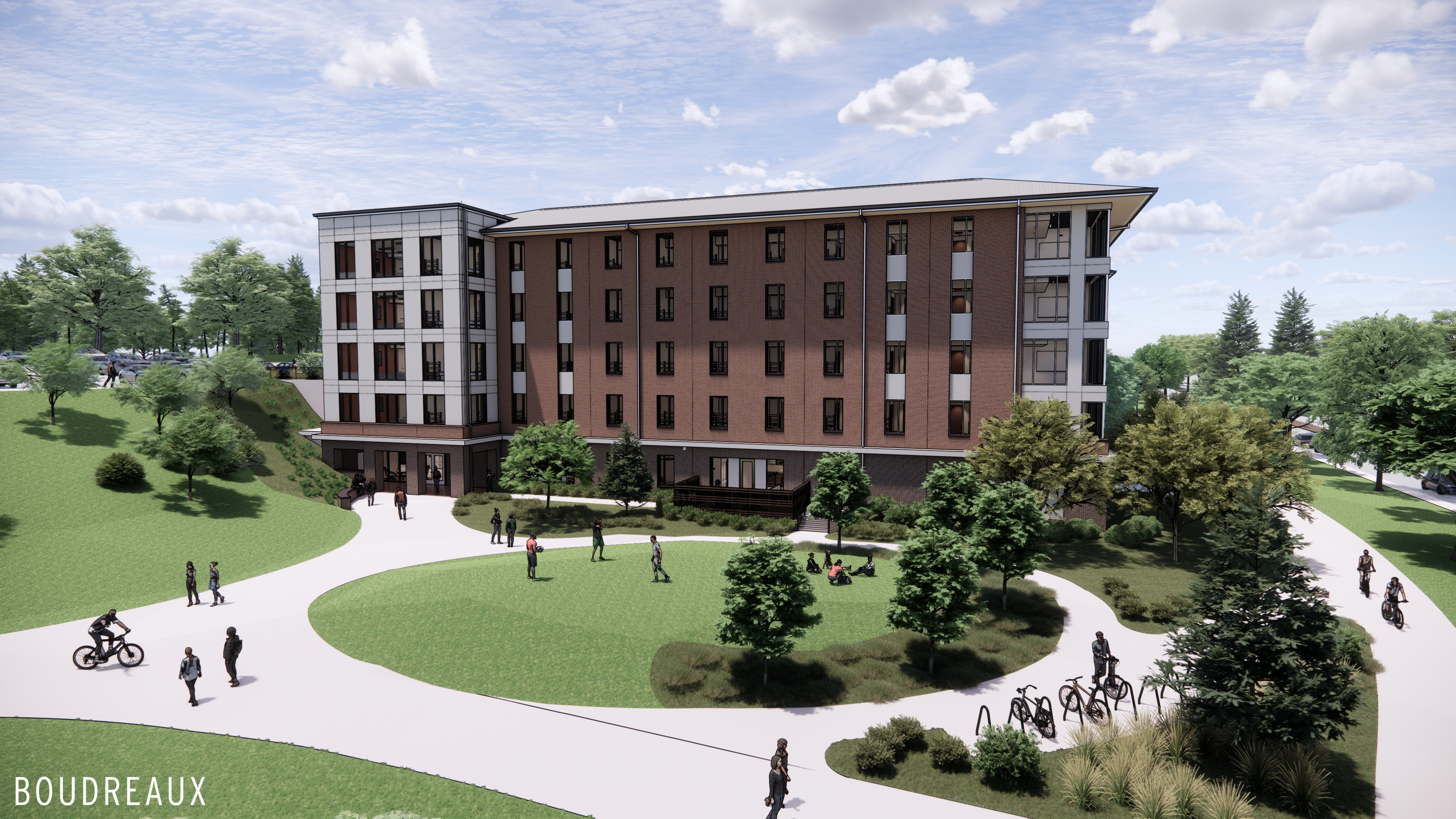 A rendering of the Douthit Hub expansion, showing a brick building with trees and grass.