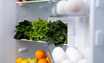 Interior or a refrigerator stocked with fruits and vegetables