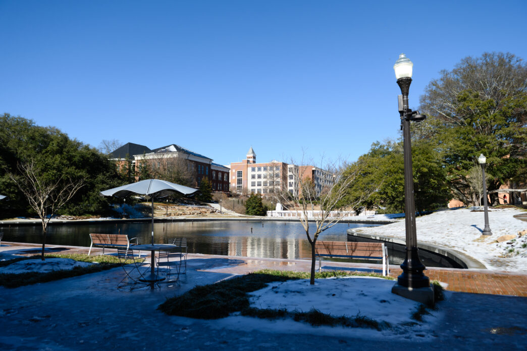 Ice covers portions of Clemson University's main campus around the reflection pond area