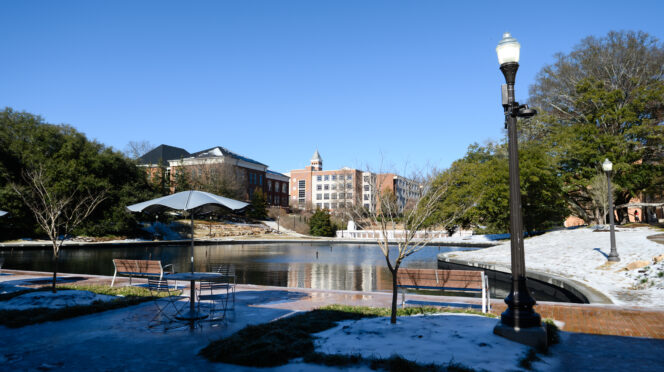 Ice covers portions of Clemson University's main campus around the reflection pond area