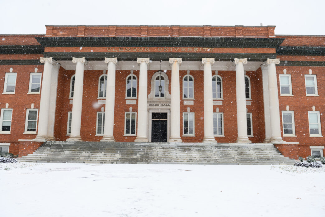 Sikes Hall in a snow storm