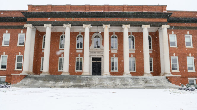 Sikes Hall in a snow storm