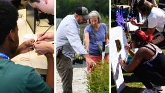 A three-photo collage of Clemson students and employees engaging with community members.
