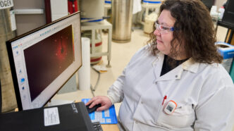 A woman wearing a white lab coat and glasses looks at a computer screen while sitting at a desk in a science lab at Clemson University.