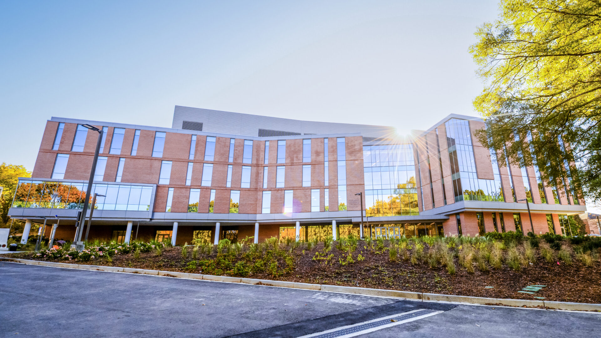 The sun rises behind a modern brick building with large glass windows, sending rays of light flaring down across the facade in the shape of a star.