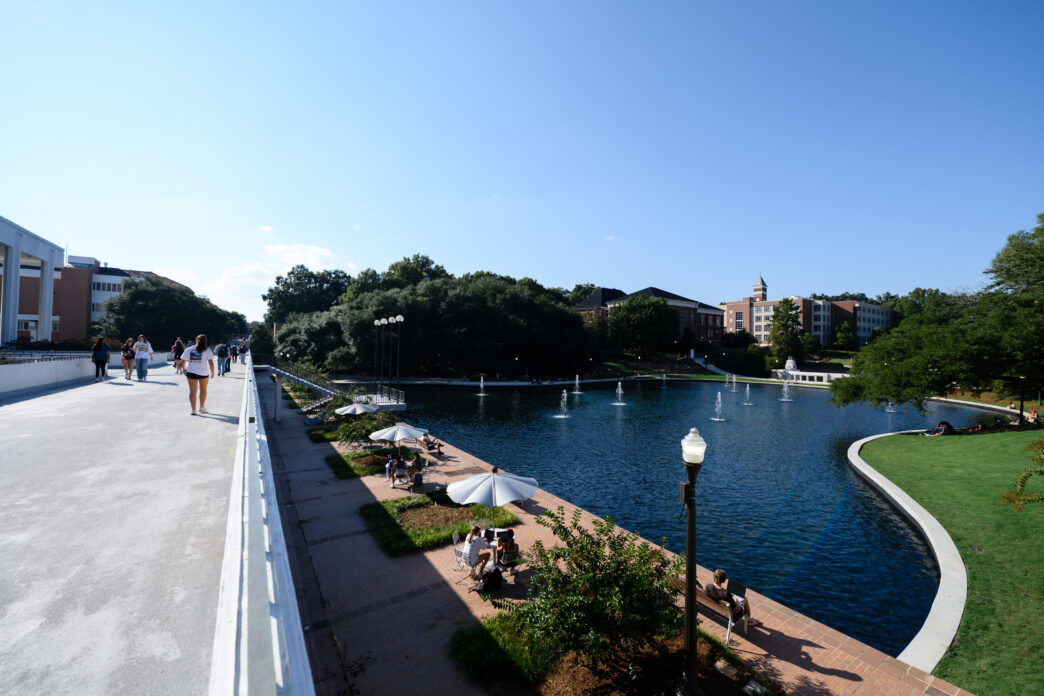 Individuals walk across a bridge next to a pond