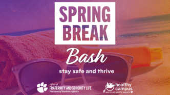Text: "SPRING BREAK Bash" "stay safe and thrive" with the Clemson Fraternity and Sorority Life logo and Clemson Healthy Campus logos below. In the background is a close-up for sunglasses, sun screen and a beach towel on a beach with an orange and purple gradient overlay.