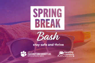 Text: "SPRING BREAK Bash" "stay safe and thrive" with the Clemson Fraternity and Sorority Life logo and Clemson Healthy Campus logos below. In the background is a close-up for sunglasses, sun screen and a beach towel on a beach with an orange and purple gradient overlay.