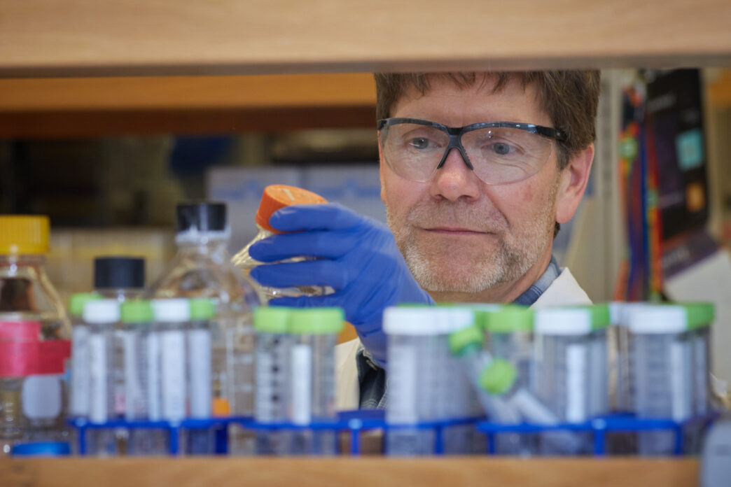 A man wearing glasses and blue gloves picks a bottle off a shelf that has test tubes on it.