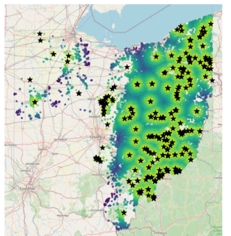 A map showing oil wells in Ohio.