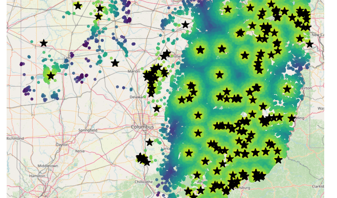 A map showing oil wells in Ohio.