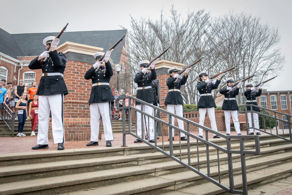 Pershing Rifles perform a 21-gun salute in Clemson's Military Heritage Plaza.