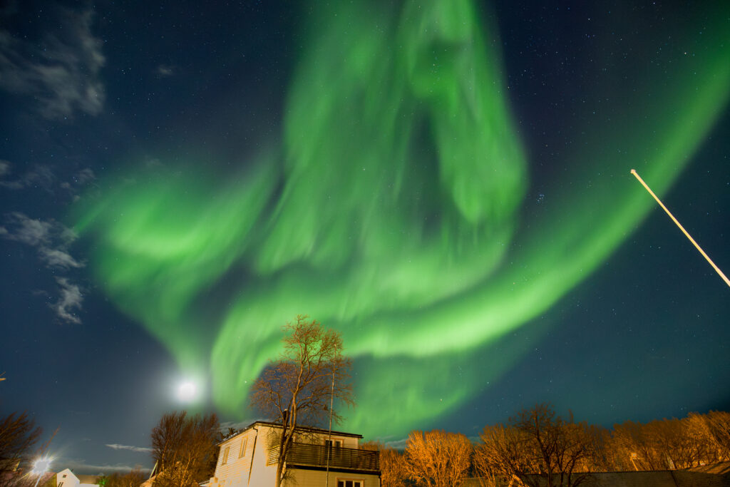 A green aurora borealis in the skies above Norway.