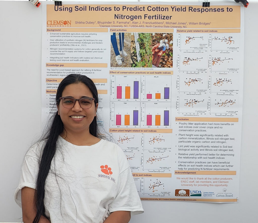 Shikha Dubey works with Clemson soil fertility specialist Bhupinder Farmaha to determine site‑specific nitrogen recommendations for cotton.