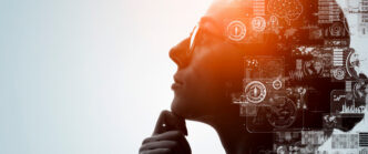 student thinking with graphical computer images overlayed behind her head