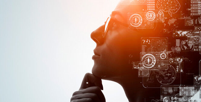 student thinking with graphical computer images overlayed behind her head