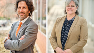 A composite of two head shots - the one on the left is a man wearing a gray suit with orange tie standing with his arms crossed in front of a building. The second is a woman wearing a khaki blazer, and dark shirt with her arms in front of her in a hallway in a greenhouse.