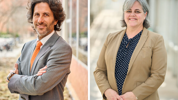 A composite of two head shots - the one on the left is a man wearing a gray suit with orange tie standing with his arms crossed in front of a building. The second is a woman wearing a khaki blazer, and dark shirt with her arms in front of her in a hallway in a greenhouse.