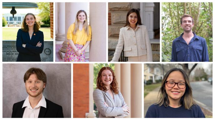 Clemson Graduate Research Fellows. Top row, left to right: Katie Barfield, Mary Grace (Gracie) Boyce, McKenzie Bradley, Benjamin Camper. Bottom row, left to right: Aaron Cecil, Makenzie Jones, Olivia Jones