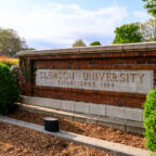 Clemson University brick sign in front of Bowman Field.