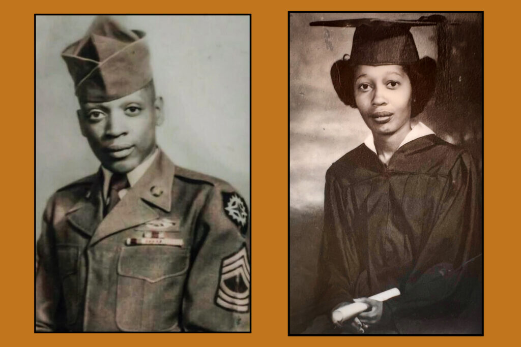 Two black and white photographs, one of a youn African American man in a U.S. Army uniform and the other of a young African American woman in a graduation cap and gown. 