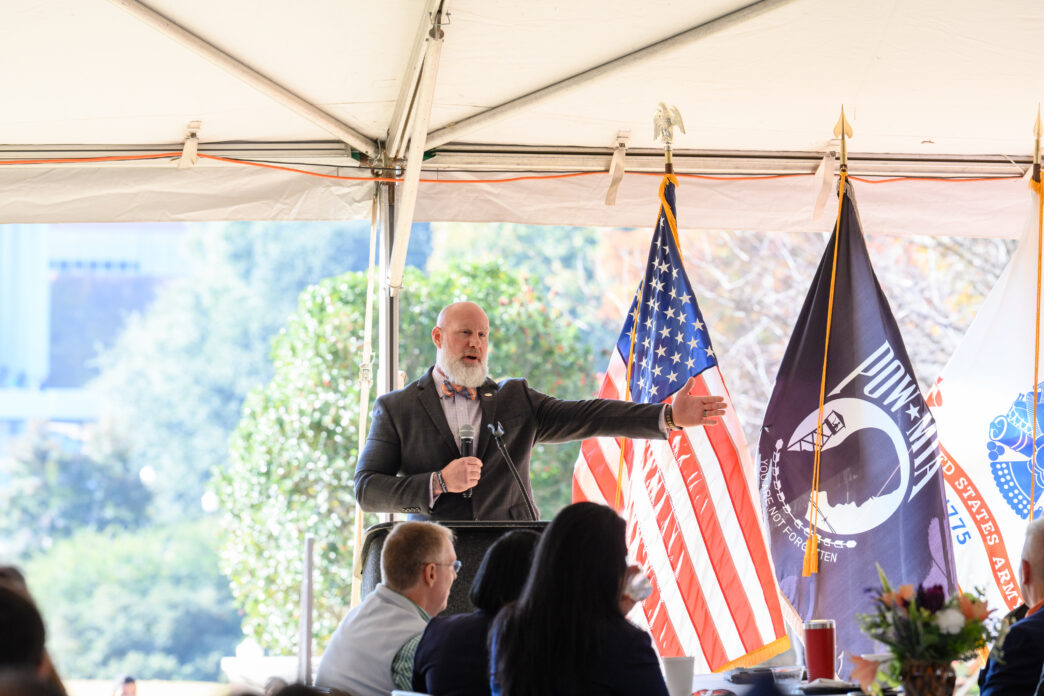 Jason LeMay, a Clemson student and Navy veteran, speaks during a 2025 military appreciation event