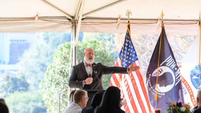 Jason LeMay, a Clemson student and Navy veteran, speaks during a 2025 military appreciation event