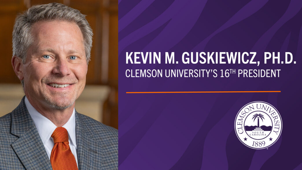 smiling man wearing coat and tie, graphic naming Guskiewicz named 16th president of Clemson University