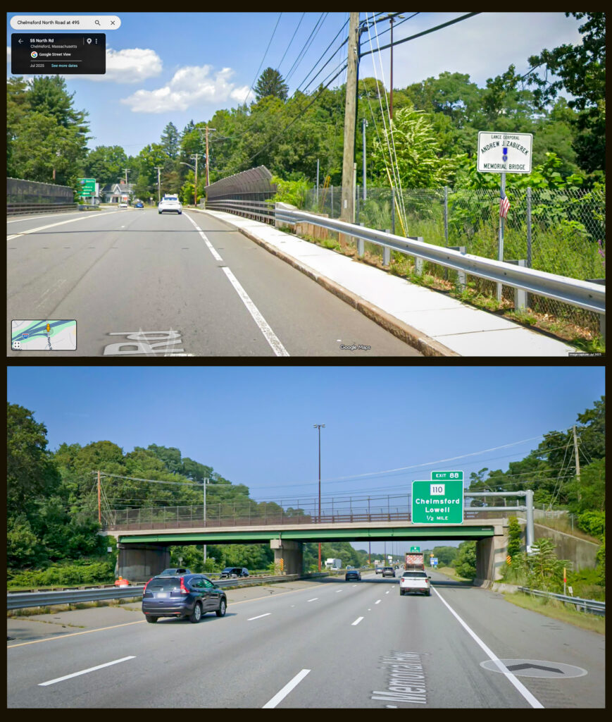 Two photos - screen shots from Google Maps - the top photo showing the road across a bridge with a sign next to it that reads "Andrew J. Zabierek Memorial Bridge", the bottom photo showing traffic on a busy highway going under the bridge.