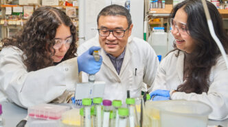 A male professor watches two women pipette in a science lab. All are wearing white lab coats and blue gloves.