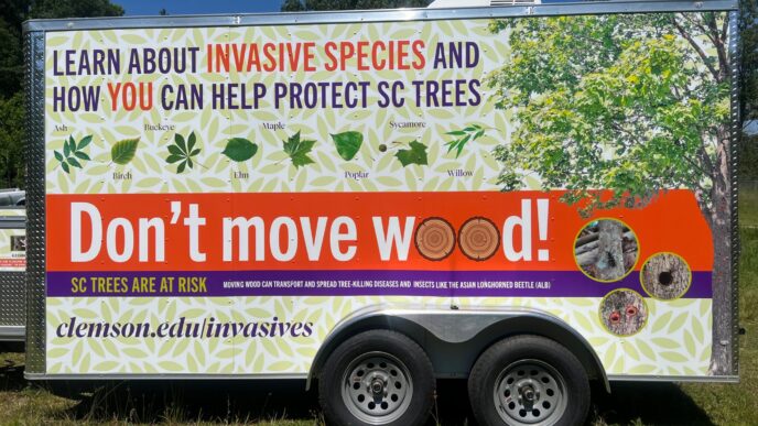 A trailer wrapped with various Clemson-centric messages reminding people to not move wood.