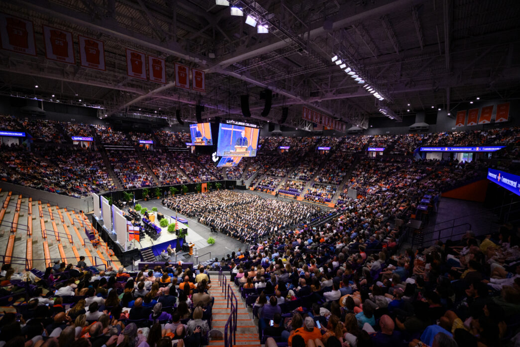 A full crowd of people attend Commencement at Clemson University in Littlejohn Coliseum