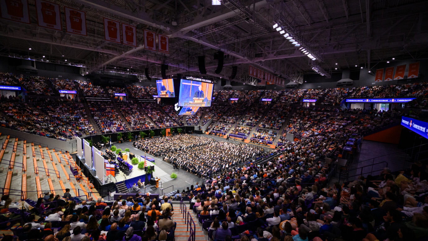 A full crowd of people attend Commencement at Clemson University in Littlejohn Coliseum