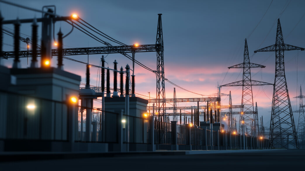 Industrial electrical transformers aligned in a power substation with soft lights in the background