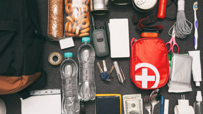 Various items from an emergency preparedness kit laid out on a table.