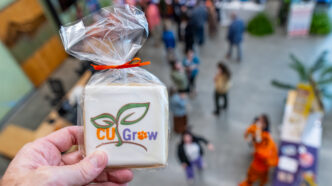 A hand holds a cookie with the CU Grow logo on it