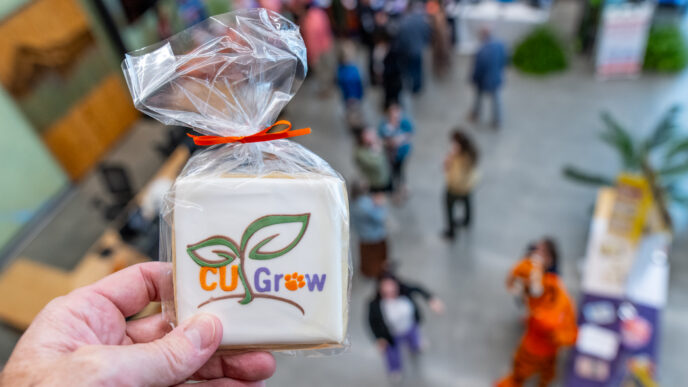 A hand holds a cookie with the CU Grow logo on it