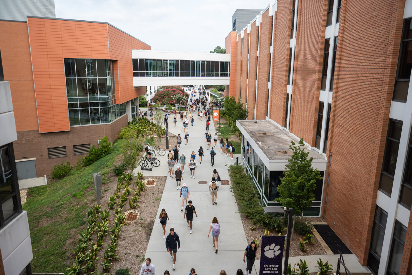 A concrete campus walkway between brick academic buildings, with dozens of students walking in both directions, landscaped gardens and bicycle racks along the path, and an enclosed pedestrian bridge connecting the buildings overhead.