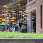 A student navigates main campus at Clemson University