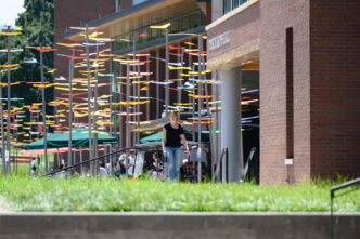 A student navigates main campus at Clemson University