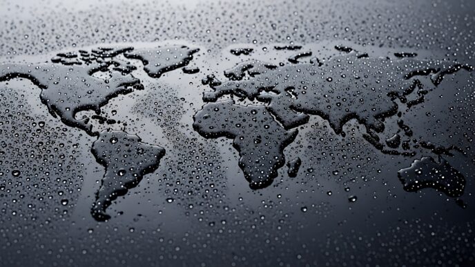World map formed by water droplets on dark surface, global environment and climate change concept, liquid earth silhouette with moisture texture